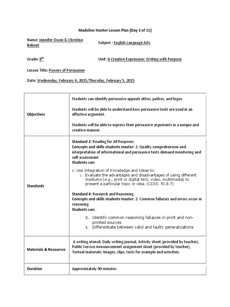 Day Three Madeline Hunter Lesson Plan  PDF  Persuasion  Logos