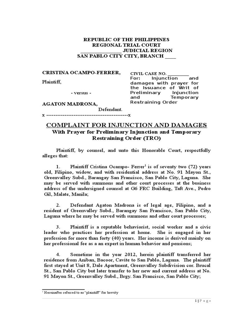 Injunction Complaint Against Harassment | PDF | Injunction | Judiciaries