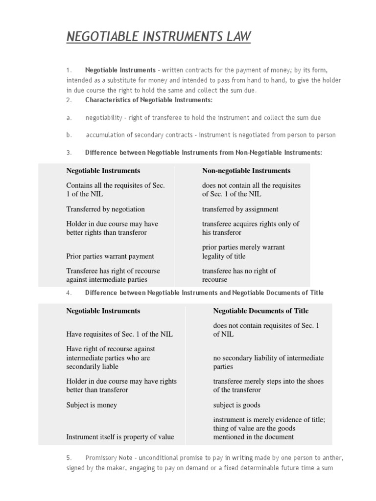 Overview of Negotiable Instruments Law | PDF | Negotiable Instrument ...