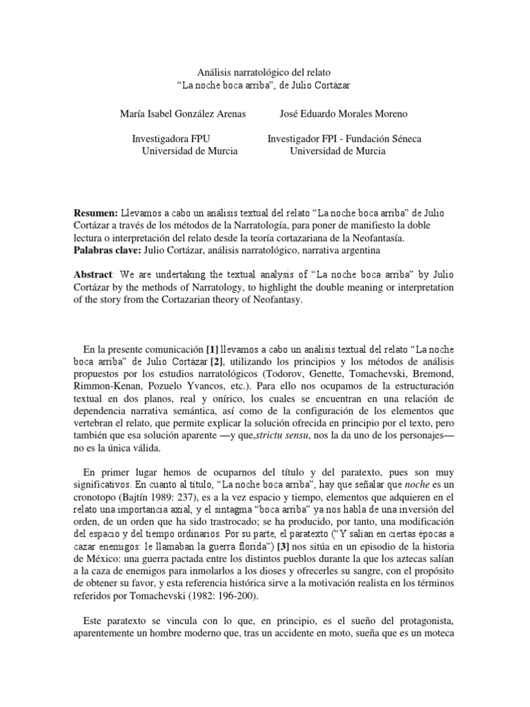 Analisis Narratologico Del Relato La Noche Boca Arriba Pdf Narracion Fantasia