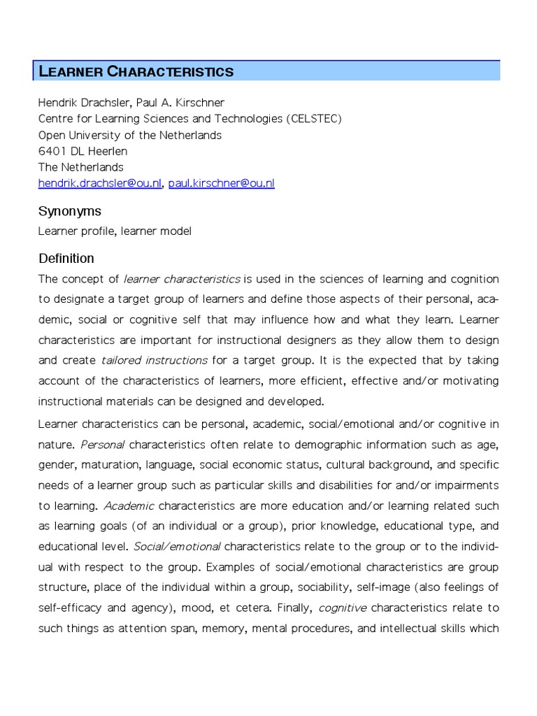 Understanding Learner Characteristics | PDF | Learning Styles | Learning