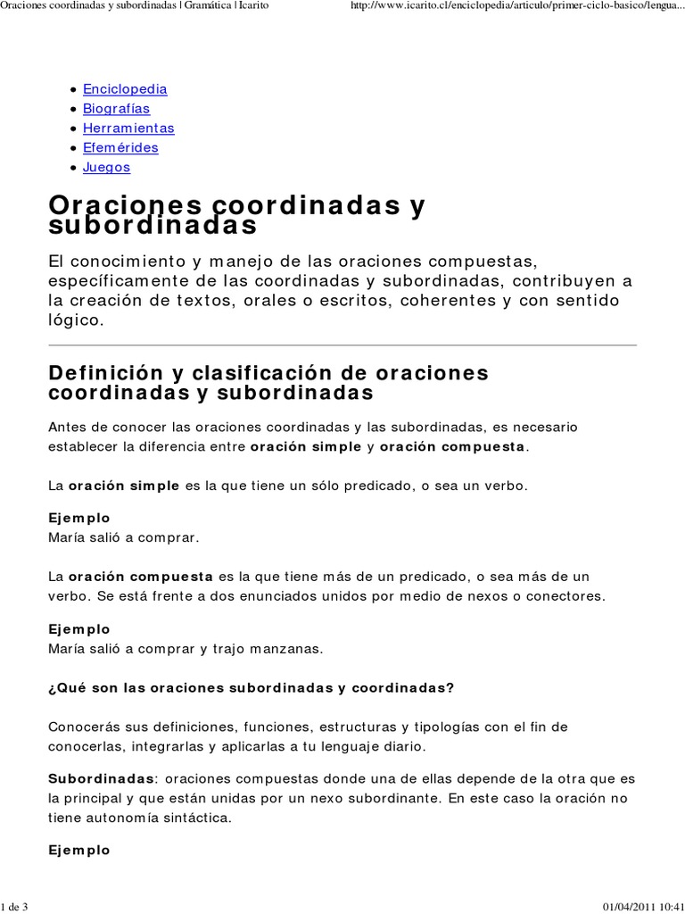 Oraciones Coordinadas y Subordinadas - Gramática - Icarito | PDF ...
