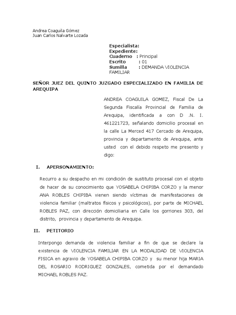 Demanda de Violencia Familiar | PDF | Violencia doméstica | Demanda
