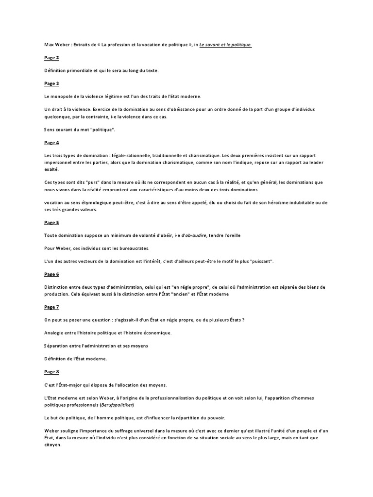 Weber Le Savant Et Le Politique (Annotations) PDF Max Weber État