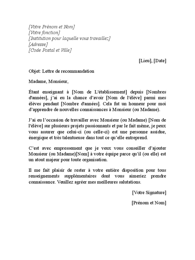 Lettre de Recommandation  PDF