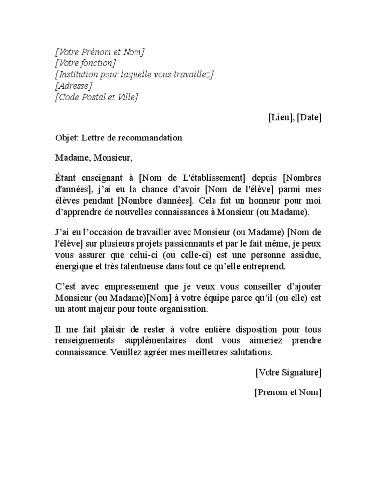 Lettre De Recommandation Pdf