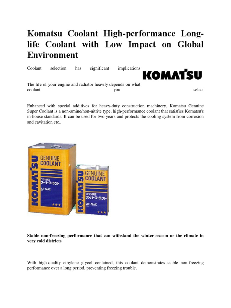 Komatsu Coolant Highperformance Longlife Coolant With Low Impact on