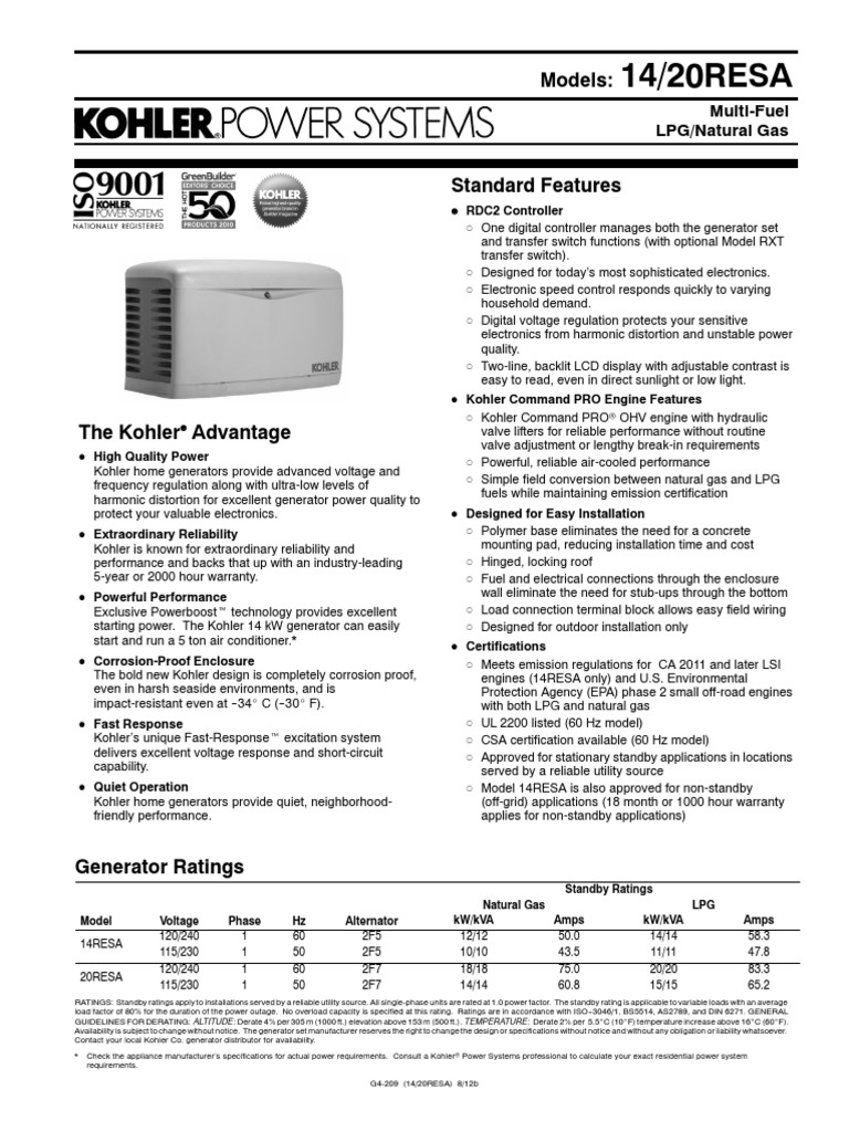 Kohler 14 & 20kW RESA Liquefied Petroleum Gas Internal Combustion