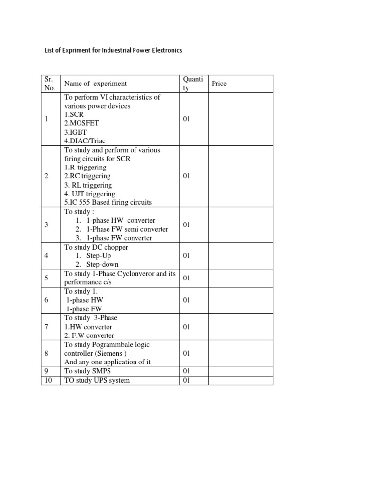 Expriment List Power Electronics | PDF