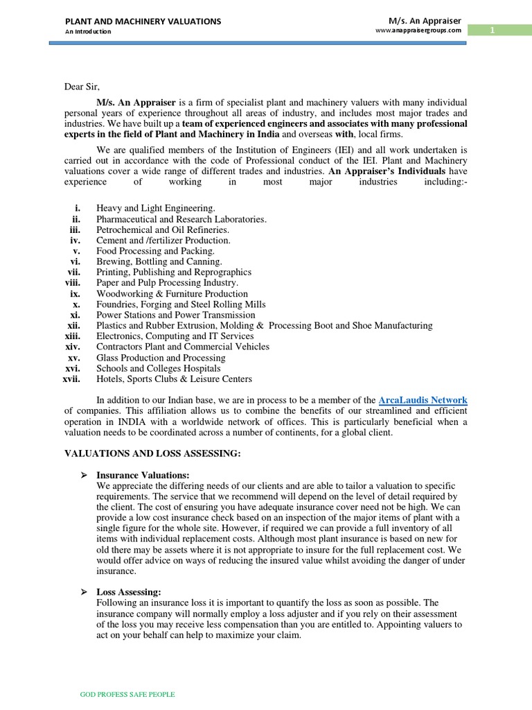 Plant and Machinery Valuation Services | PDF | Real Estate Appraisal |  Valuation (Finance)