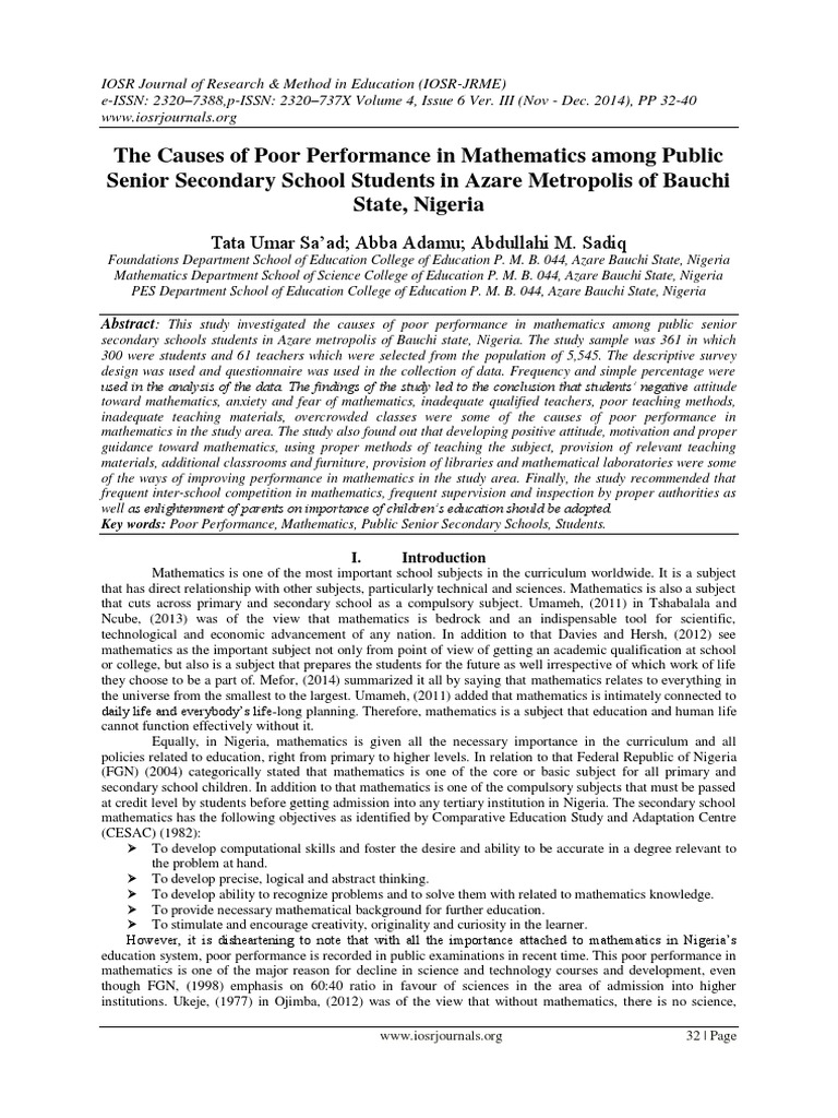Causes of Mathematics Performance Issues in Azare | PDF | Teachers ...