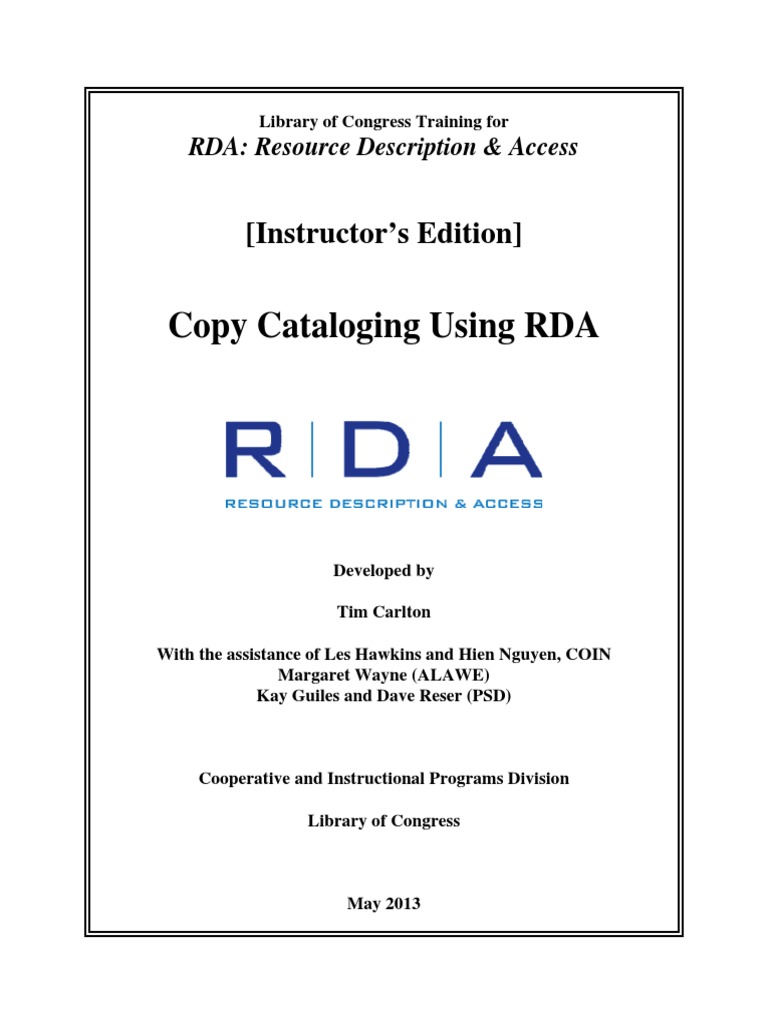 Copy Cataloging Using RDA PDF PDF Cataloging Bibliography