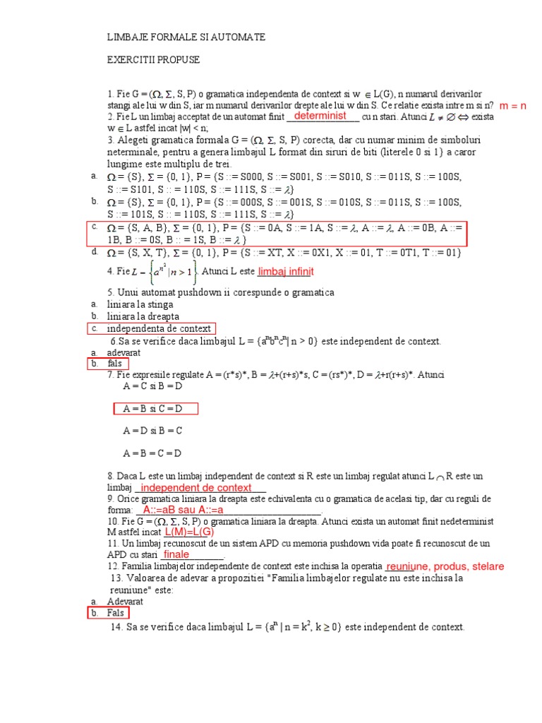 Limbaje Formale Si Automate Exercitii Propuse 1. | PDF