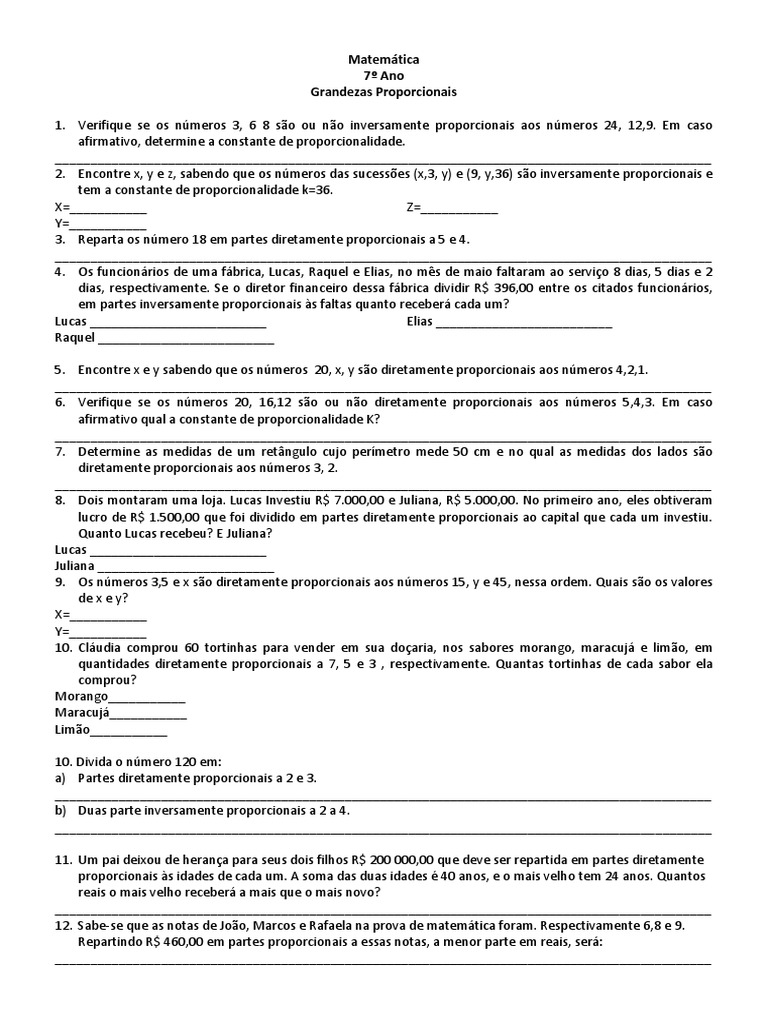 Grandezas Proporcionais: Exercícios sobre Proporcionalidade Direta e ...