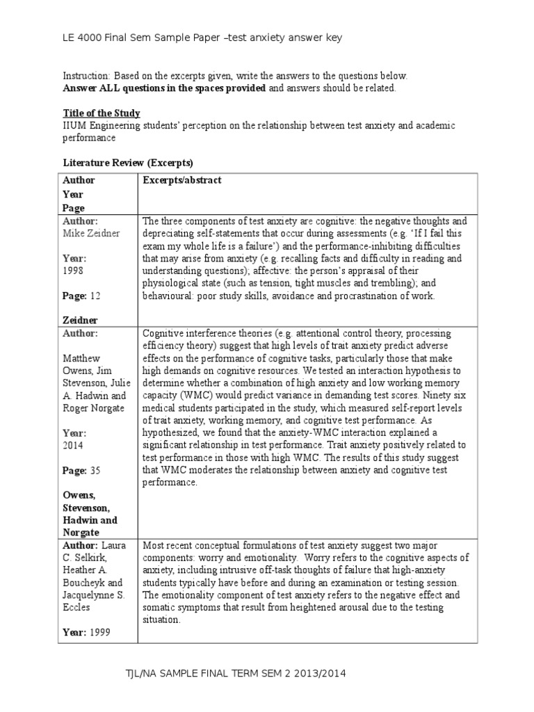 Final Exam Sample Test Anxiety Answer Key Anxiety Test Assessment