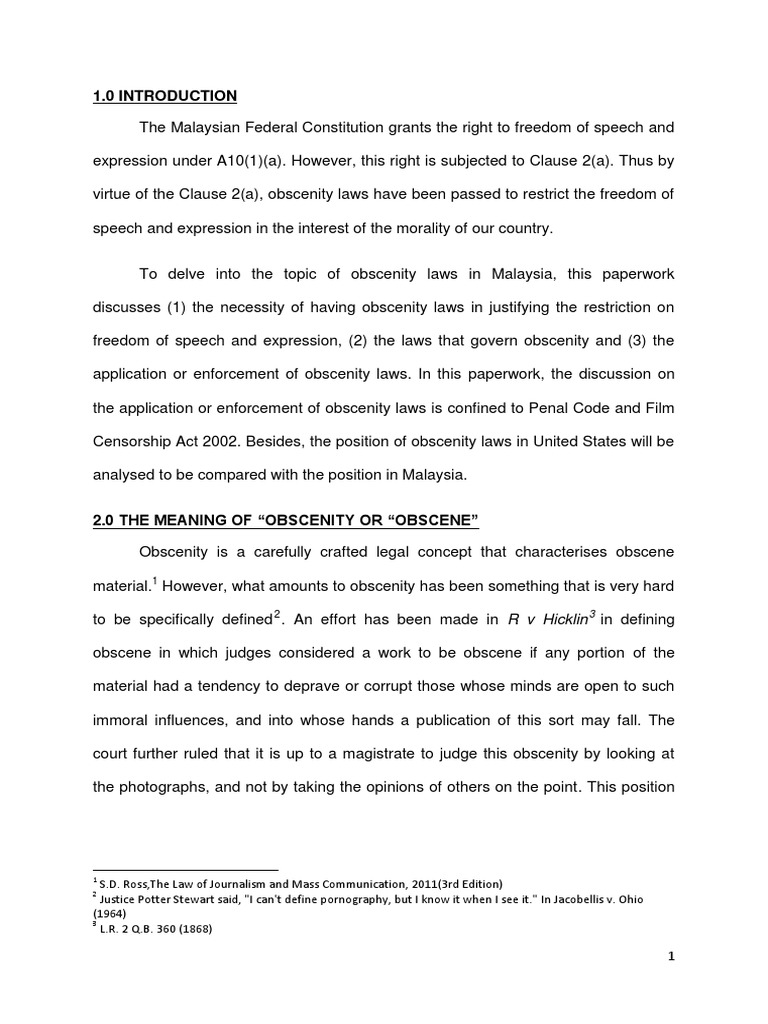 Obscenity Laws in Malaysia PDF Obscenity First Amendment To The United States Constitution