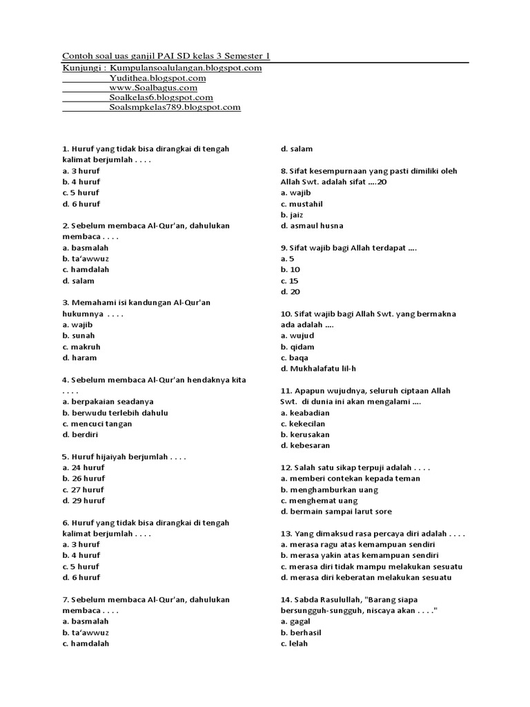 Contoh Soal Uas Ganjil PAI SD Kelas 3 Semester 1
