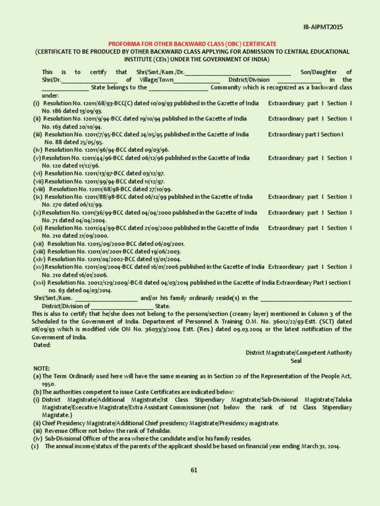 OBC Certificate Proforma for Admission | PDF | Magistrate | Government ...