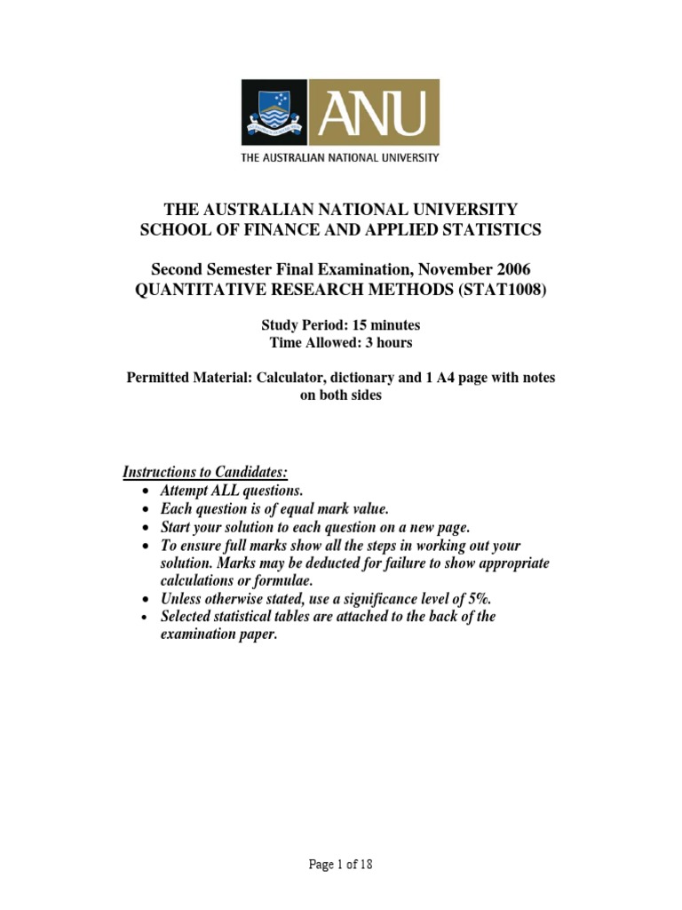 STAT1008 Quantitative Research Methods Exam | PDF | Errors And ...