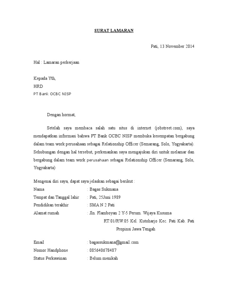 Surat Lamaran Pt Bank Ocbc Nisp