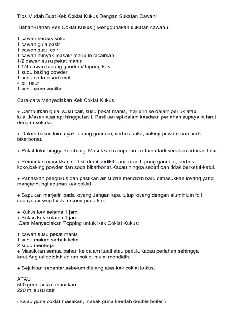 Tips Mudah Buat Kek Coklat Kukus Dengan Sukatan Cawan