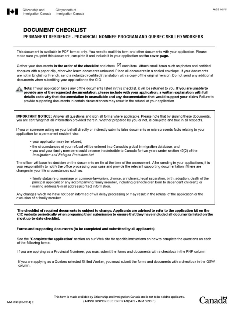 Document Checklist For Permanent Residence In Canada Provincial Nominee