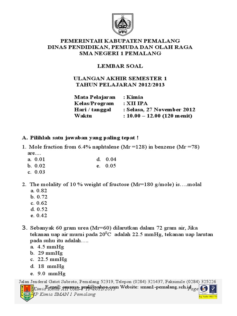 Soal Kimia Kls Xii Smt 1