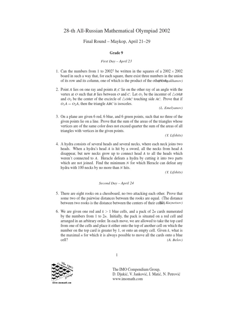28th All-Russian Math Olympiad Problems | PDF | Geometry | Abstract Algebra