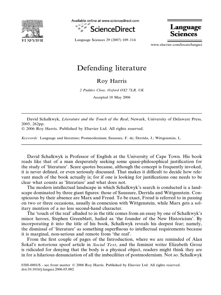 Roy Harris Defending Literature 6p | PDF | Jacques Derrida | Ludwig ...