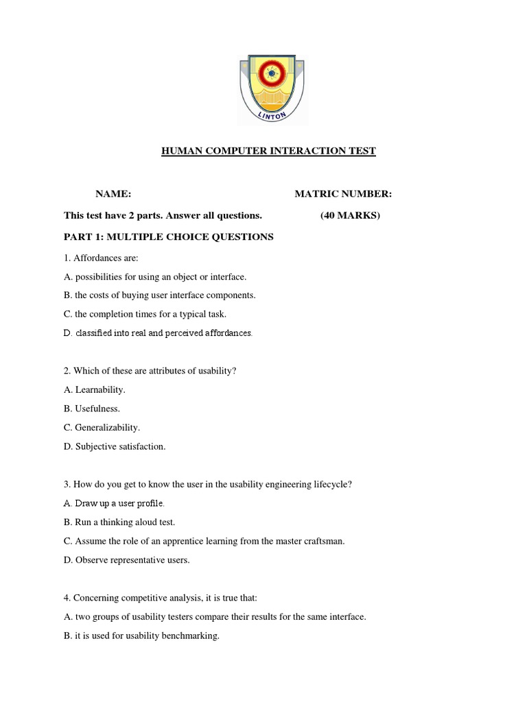 Human Computer Interaction Test PDF Usability Areas Of Computer