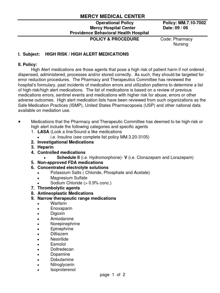 High Alert Medications Policy | PDF