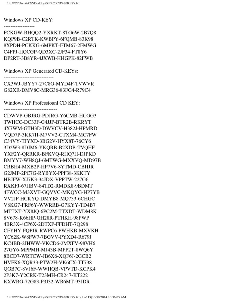 XP CD KEYs PDF Windows Xp Microsoft Windows