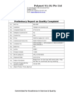 Polymet SA (S) Pte LTD: Preliminary Report On Quality Complaint