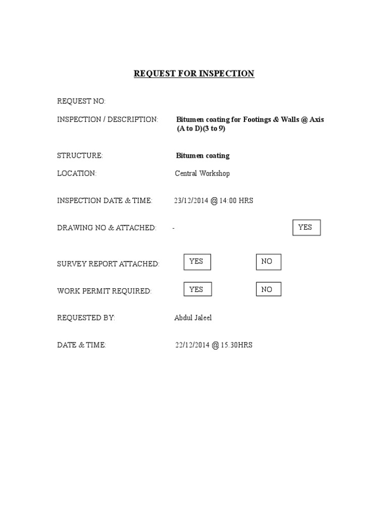 INSPECTION REQUEST FD Coating | PDF