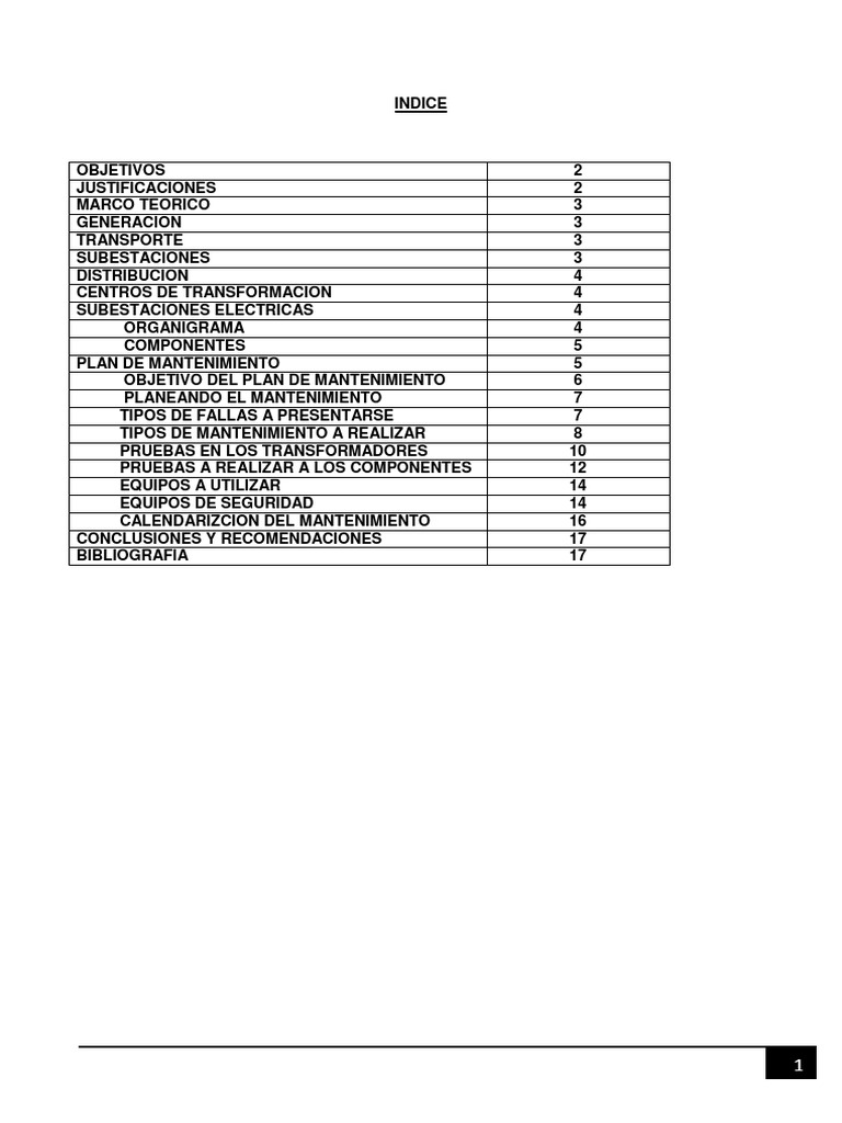 Plan de Mantenimiento Subestacion  Energía eléctrica 