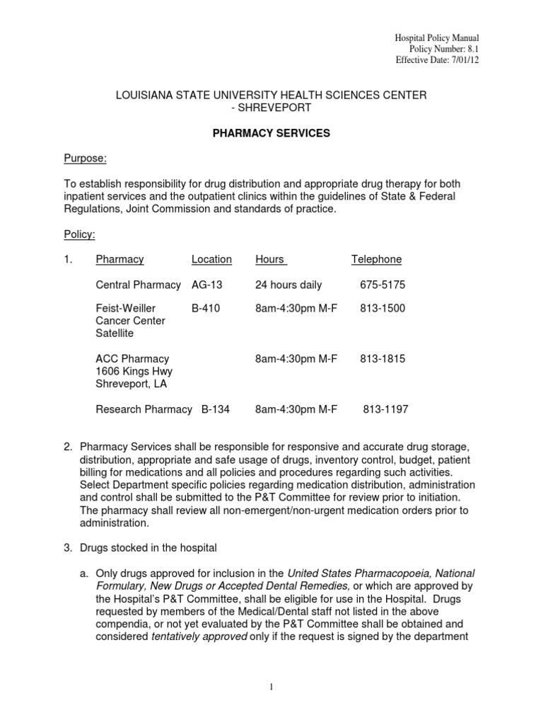 Establishing Responsibility and Guidelines for Pharmacy Services and