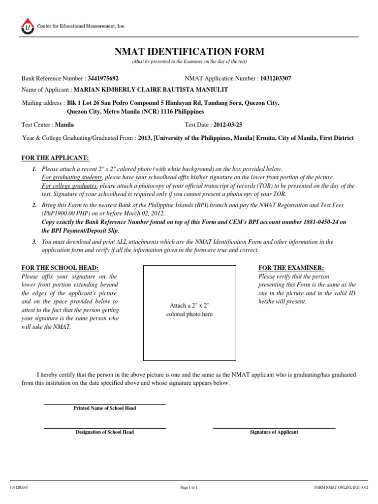 Nmat Identification Form: Quezon City, Metro Manila (NCR) 1116 ...