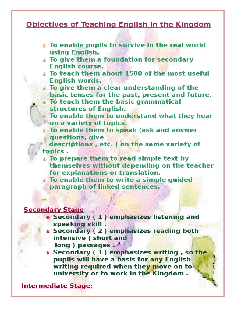 Objectives of Teaching English in Schools | PDF | English Language ...