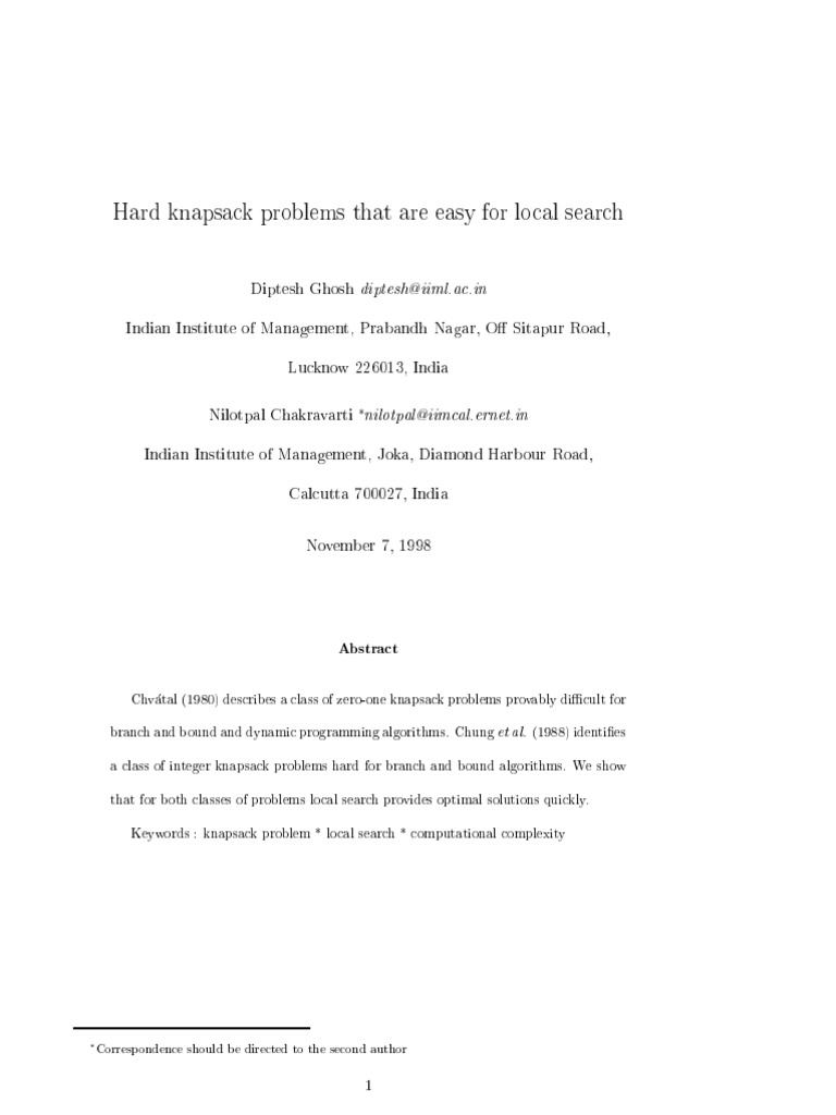 Local Search for Knapsack Problems | PDF | Computational Complexity ...
