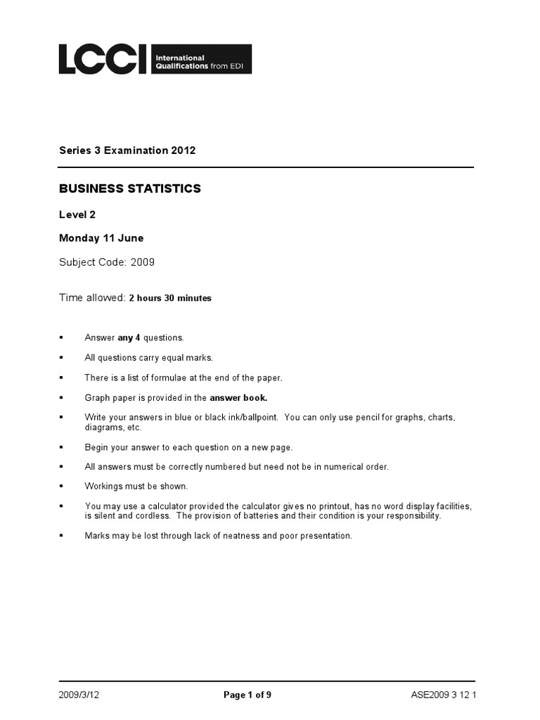Business Statistics L2 Past Paper Series 3 2012 - 031 | PDF ...