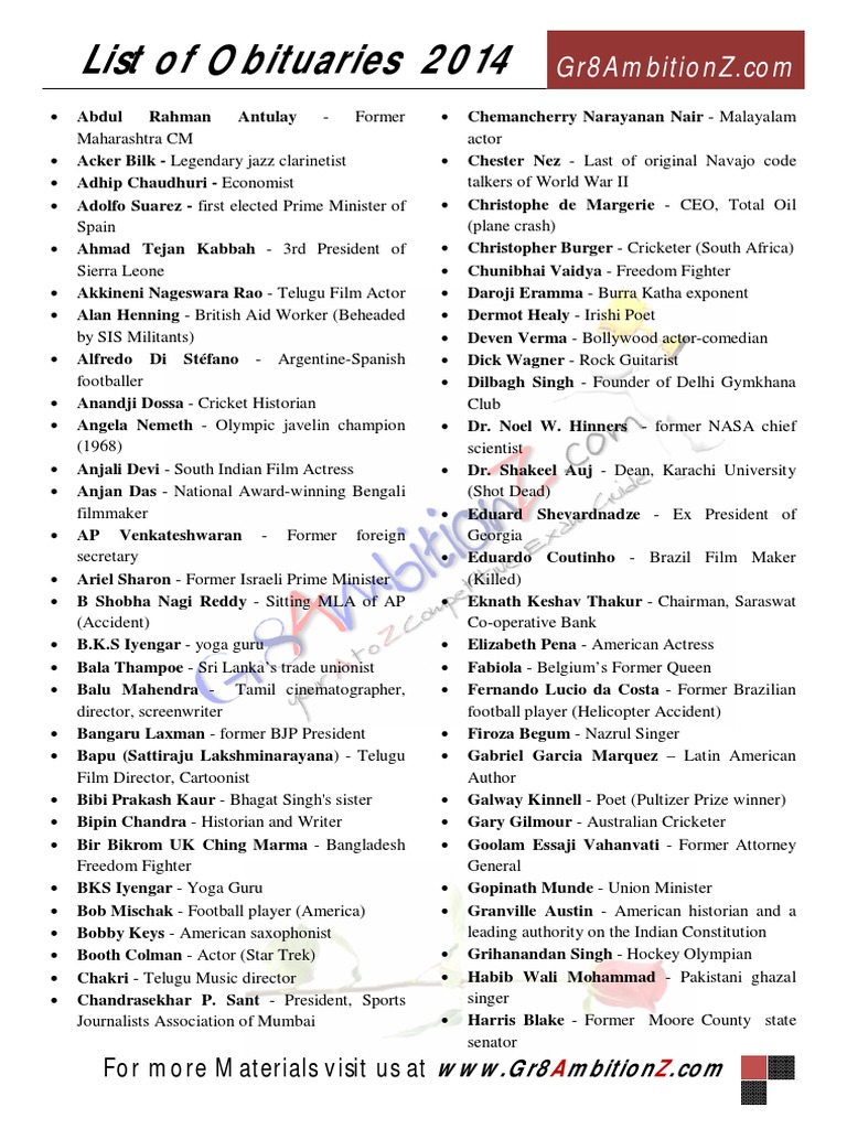 2014 Obituaries List Gr8AmbitionZ PDF