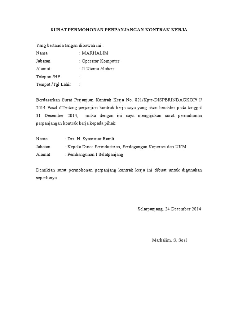 Contoh Surat Permohonan Perpanjangan Kontrak Kerja Pdf