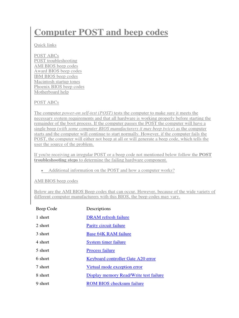 Computer POST and Beep Codes Bios Booting