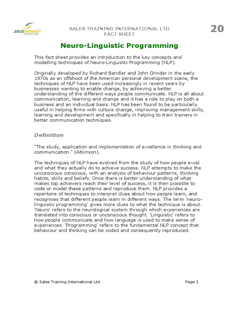 20-Neuro-Linguistic Programming | PDF | Neuro Linguistic Programming ...