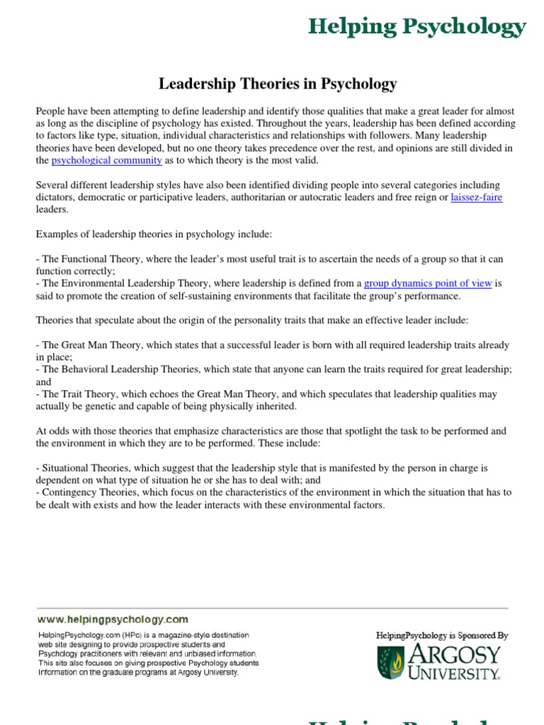  Examples Of Leadership Theories PDF Leadership Theories And Styles