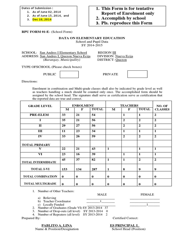 This Form Is For Tentative Report of Enrolment Only 2. Accomplish by ...