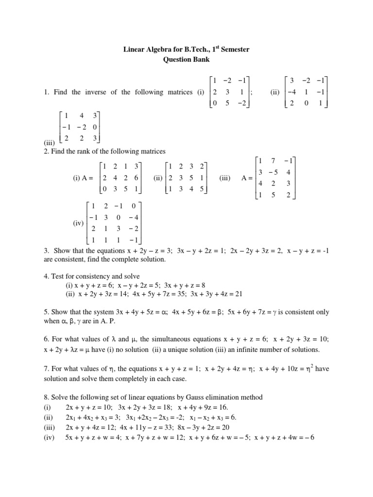 Question Bank Equations Linear Algebra