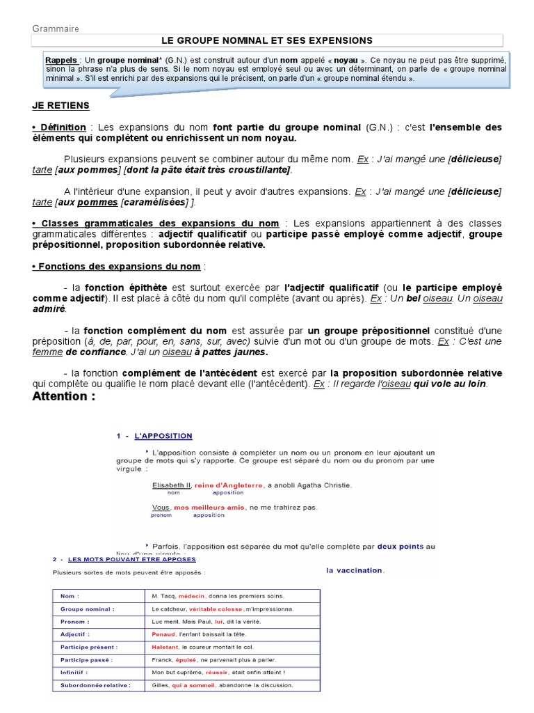 Les Expansions Du Nom Exercices Corrigés 4ème Pdf Expansion Du Nom | PDF | Adjectif | Linguistique