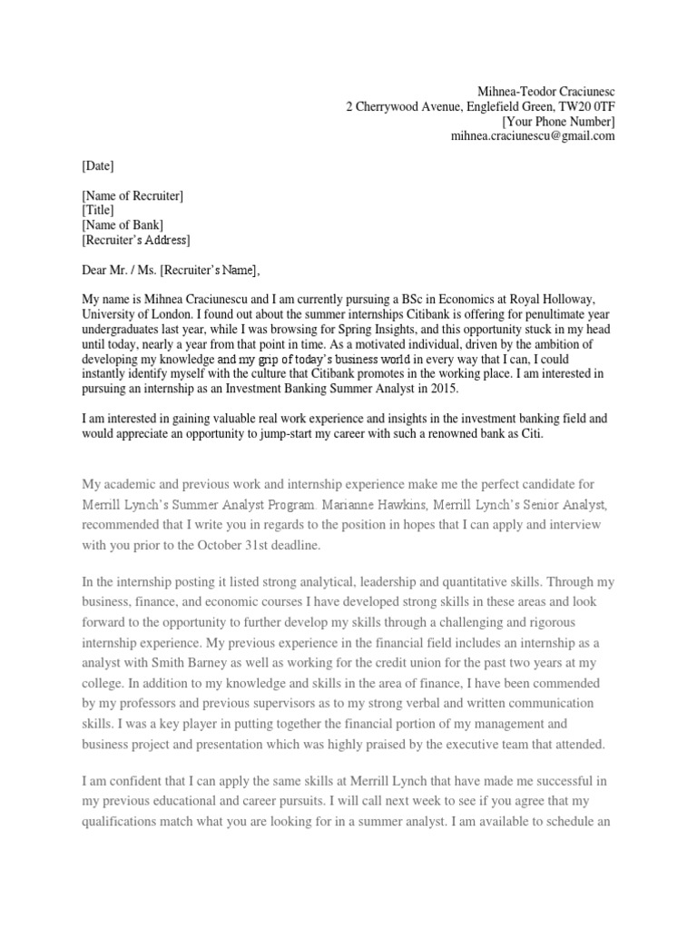 Investment Banking Cover Letter Template Pdf Internship Job Hunting
