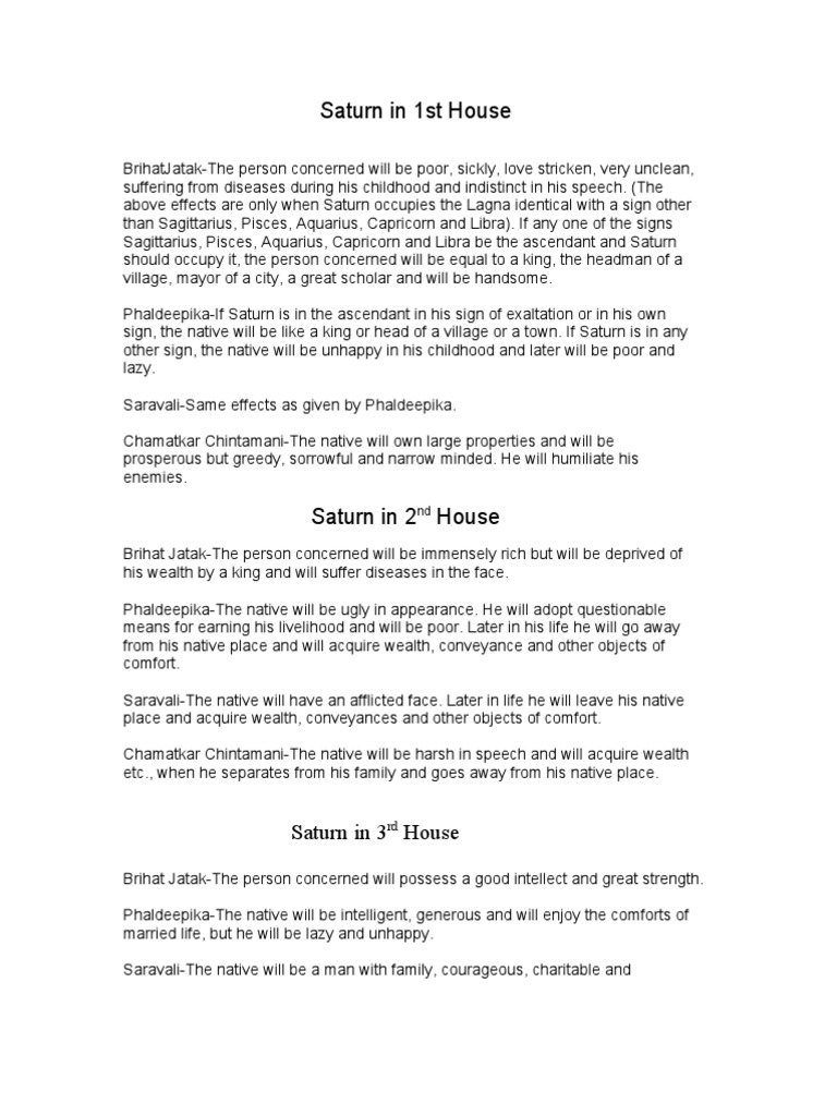 Saturn in 12 Houses PDF In Astrology Astrology